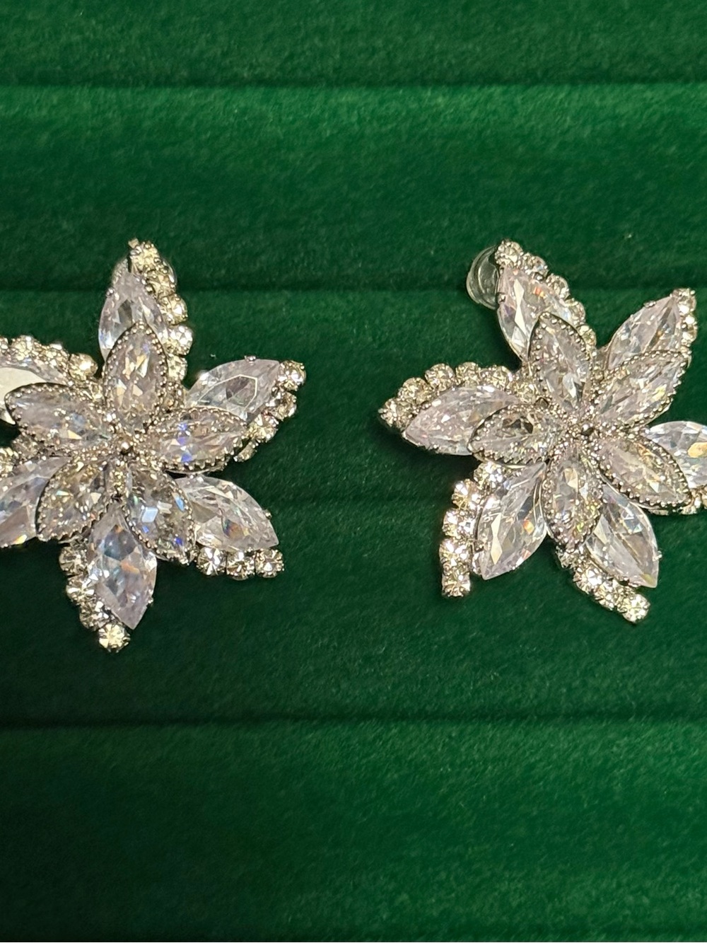 Crystal Flower Statement Earrings - Clear Silver Sparkle